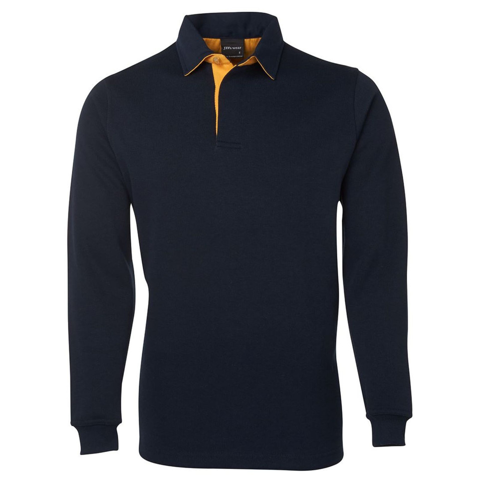 Navy long sleeve rugby shirt with gold contrast collar and placket