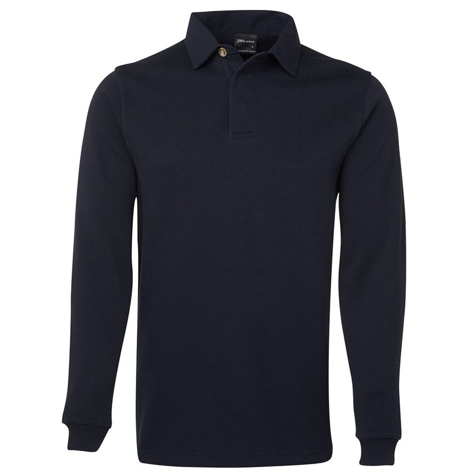 Navy long sleeve rugby shirt with contrasting collar detail and buttoned placket