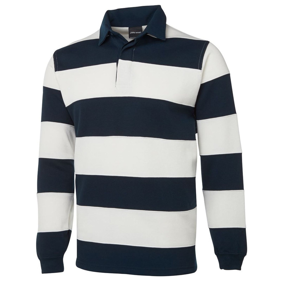 Navy and white wide-stripe long sleeve rugby polo with ribbed cuffs and two-button placket