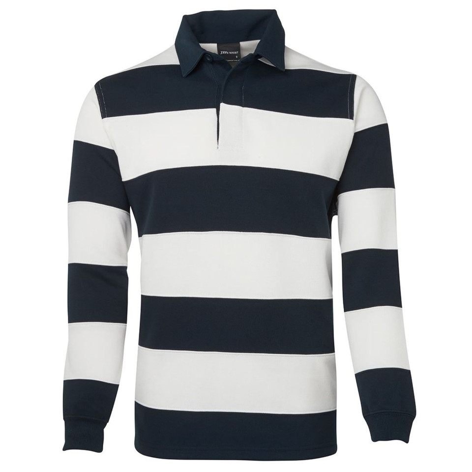 Navy and white wide-stripe long sleeve rugby shirt with buttoned collar and ribbed cuffs