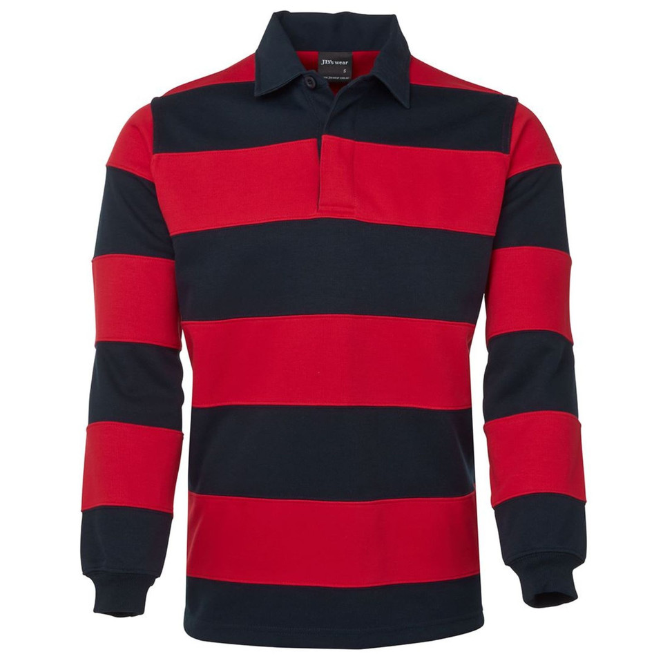 Navy and red wide-stripe long sleeve rugby shirt with polo collar and ribbed cuffs