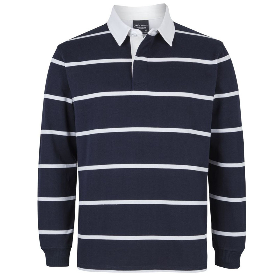 Navy rugby polo with white horizontal stripes and contrasting white collar, long sleeves