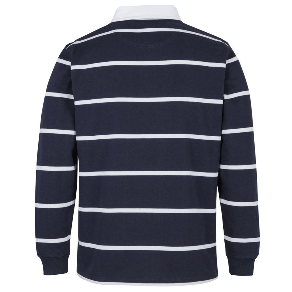 Back view of navy and white yarn dyed stripe rugby polo shirt with white collar and ribbed cuffs