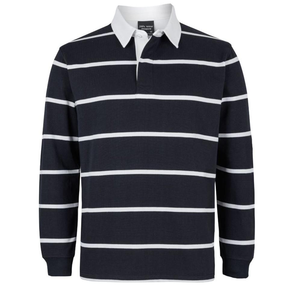 Navy and white stripe long sleeve rugby polo with white collar and two-button placket
