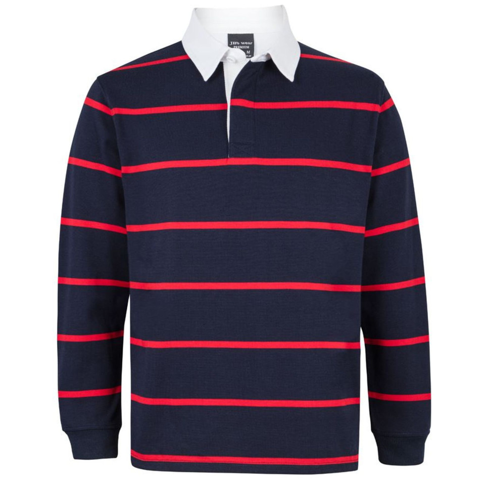 Navy rugby polo with red horizontal stripes and white collar featuring contrast trim