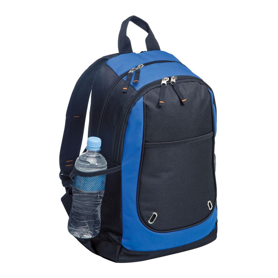 Navy and royal blue backpack with mesh side pocket and front panel decoration area