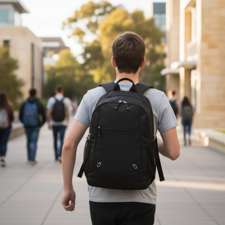 A plain black Connor Essential Daypack Backpack with a capacity of 25L, featuring a front zippered pocket and padded shoulder straps.