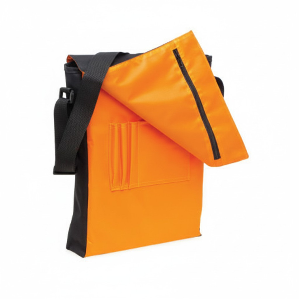 Bright orange vertical messenger bag with black trim, adjustable strap, zippered top flap and embossed front panel