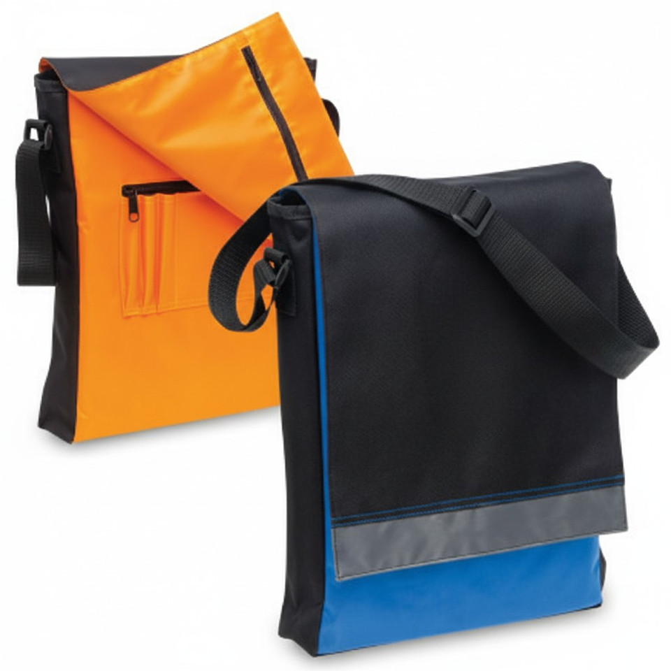 Two messenger bags; one in black and orange with an open flap revealing internal pockets, and another in black and blue with a closed flap and reflective strip.