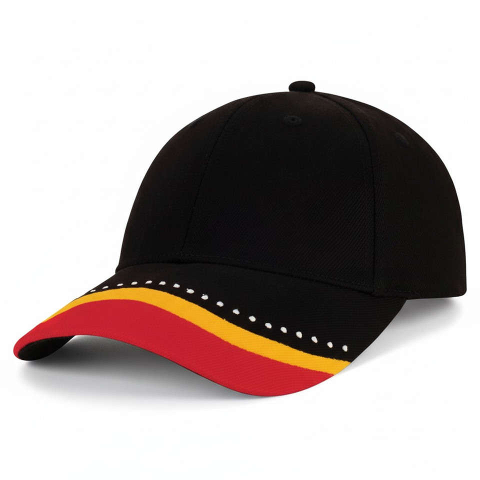 Black baseball cap with red and gold striped peak featuring white embroidered dot trim detail