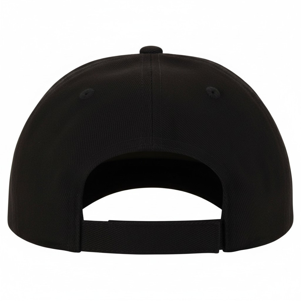 Black baseball cap with embroidered dot detail and adjustable fabric strap closure, rear view
