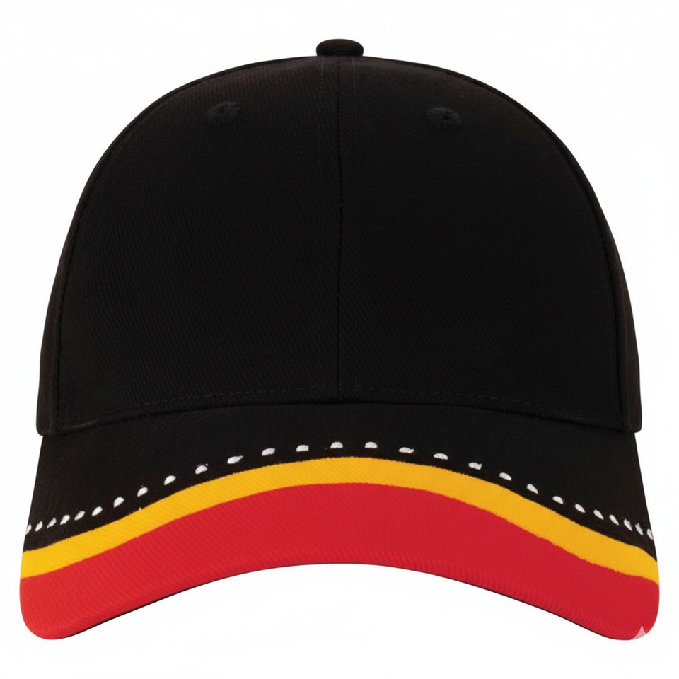 Front view of a black baseball cap with a bold red and yellow curved trim on the peak, accented with white decorative dots. A stylish accessory for sun protection.