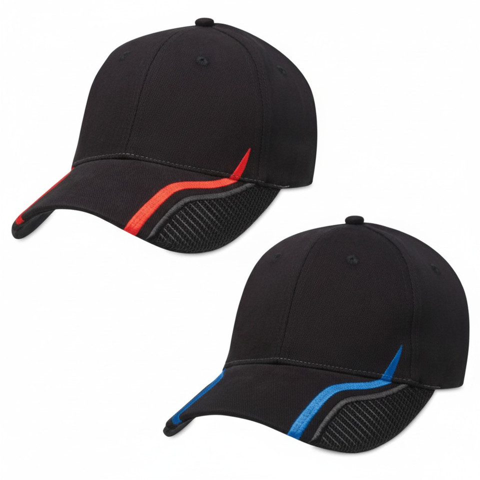 Black six-panel caps with contrast racing stripes in red and blue, featuring textured carbon-fibre effect peak panels