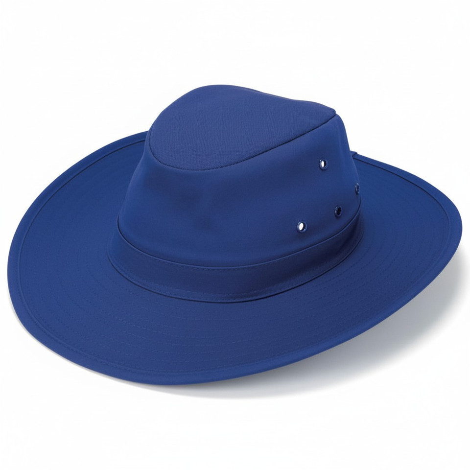 Royal blue wide-brimmed sun hat with ventilation eyelets and tonal band around crown