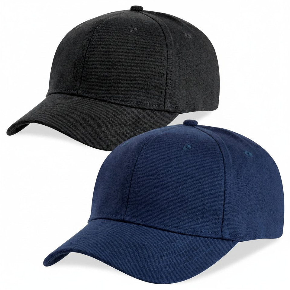 Black and navy blue structured six-panel caps with curved brim and smooth front panel, packshot