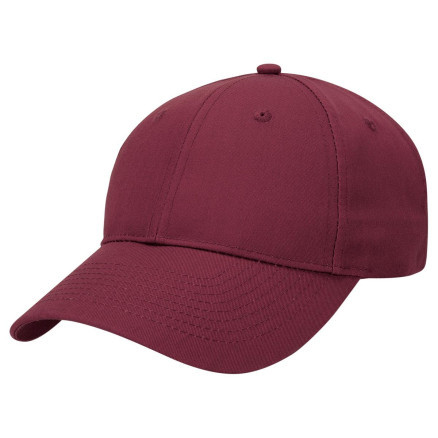 Maroon poly viscose baseball cap with curved brim and six-panel construction featuring tonal stitching