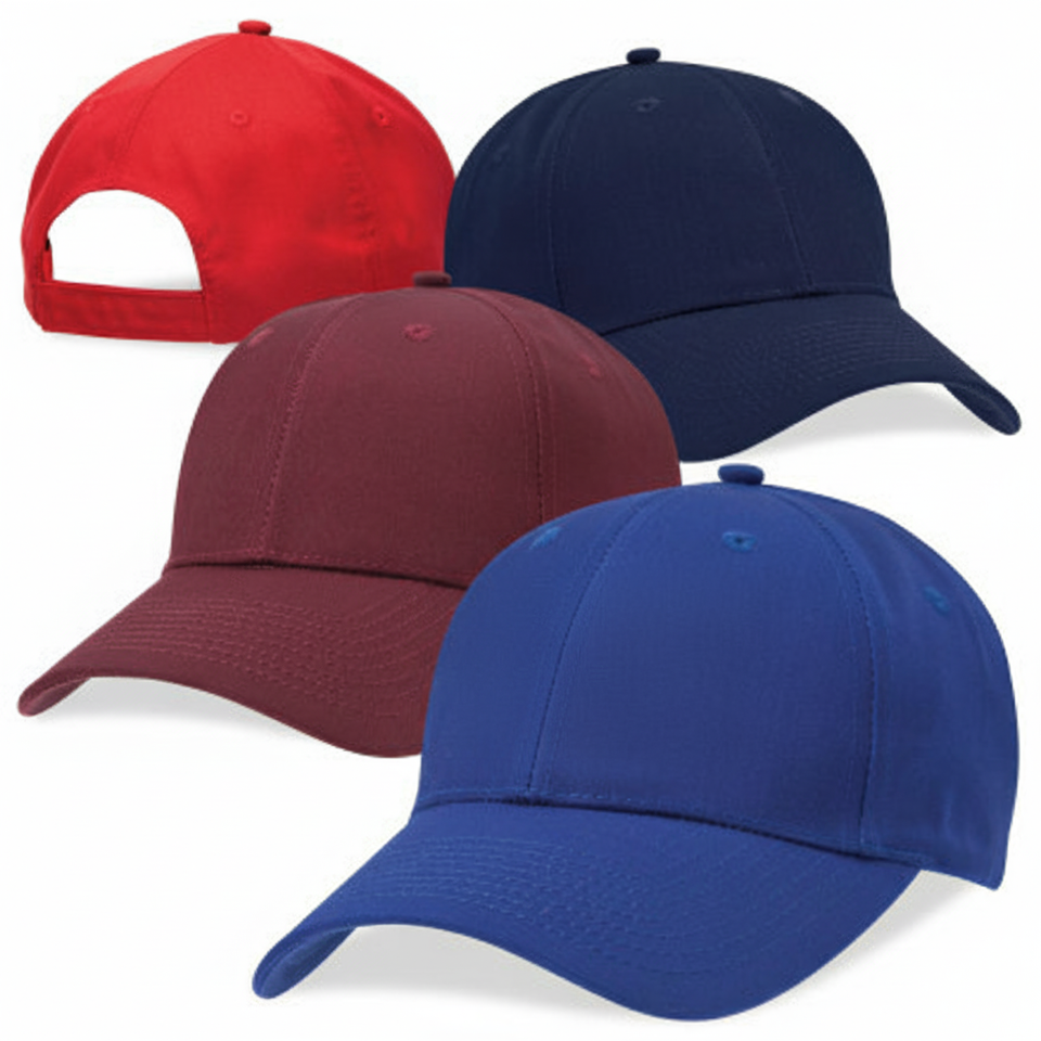 Baseball caps in various colours suitable for casual wear or customisation
