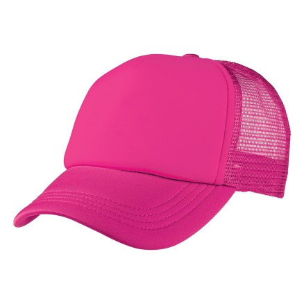 Hot Pink trucker cap with a polyester front, mesh back, and pre-curved peak, shown side-on.