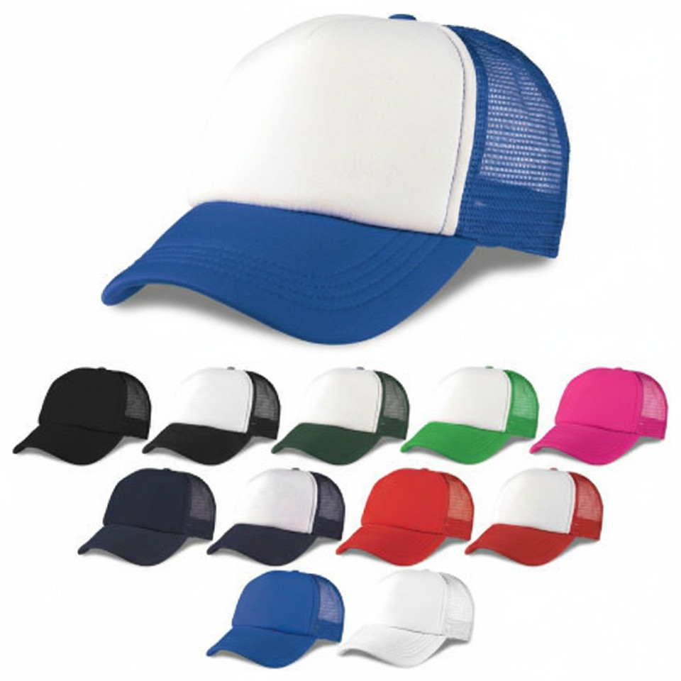 A range of colourful promotional trucker caps with mesh backs, available for custom branding in Australia.