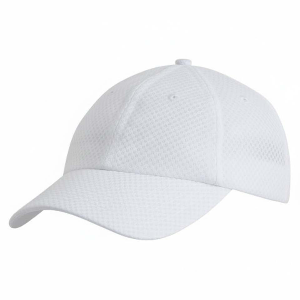 White mesh summer cap on a white background, viewed from the side. A light and breathable option for hot Australian days, suitable for outdoor activities or casual wear