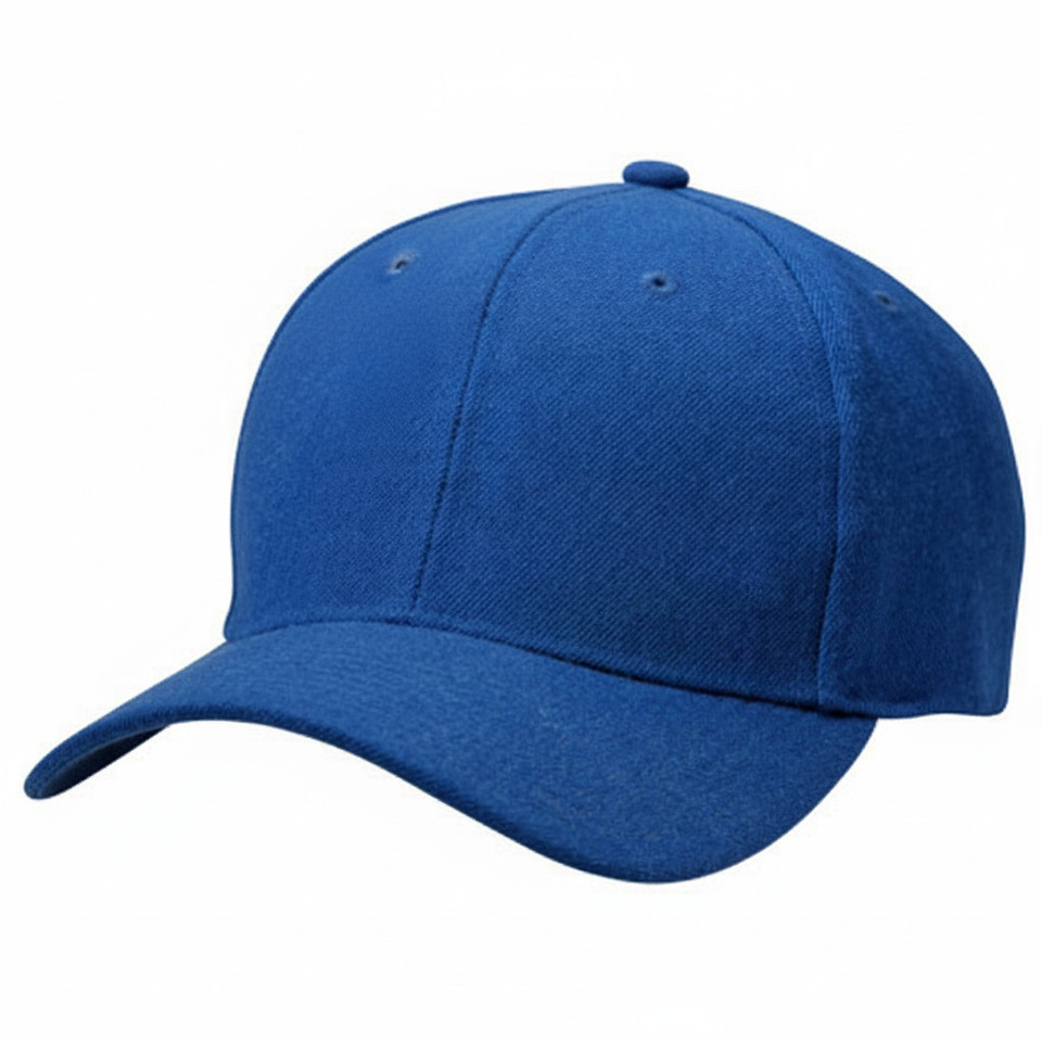 Royal blue six panel structured cap with curved brim and embroidery-ready front panels
