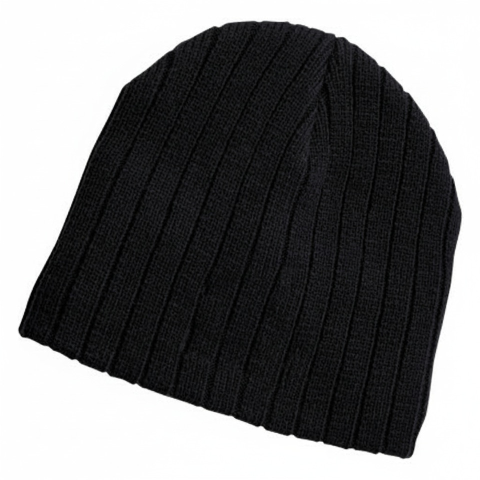 Black ribbed cable knit beanie with turned-up cuff and textured vertical pattern