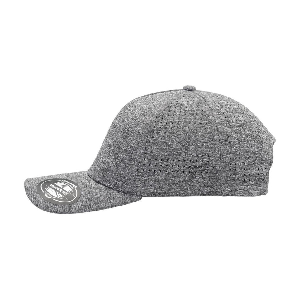 Heather grey perforated snapback cap with curved brim shown in side profile