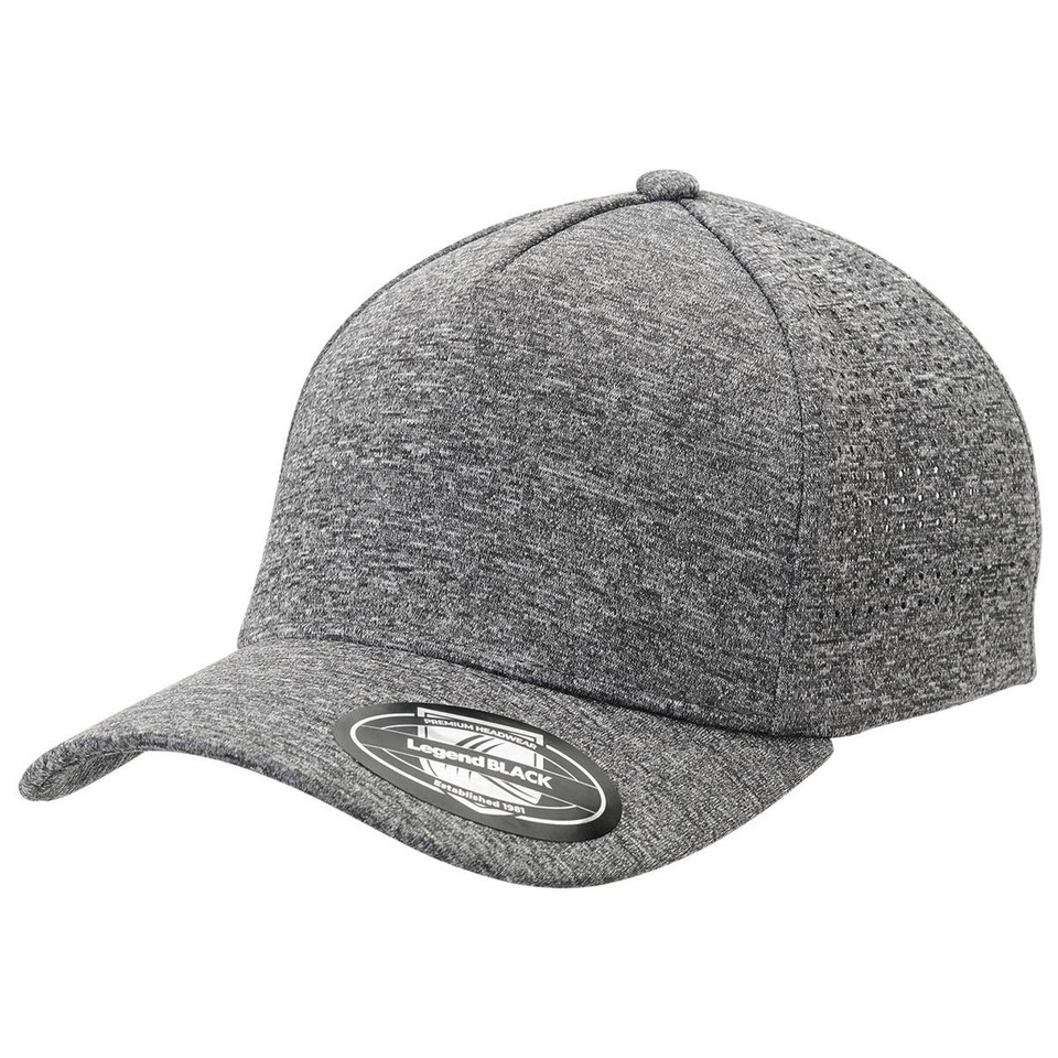 Charcoal grey perforated snapback cap with curved brim and structured six-panel crown