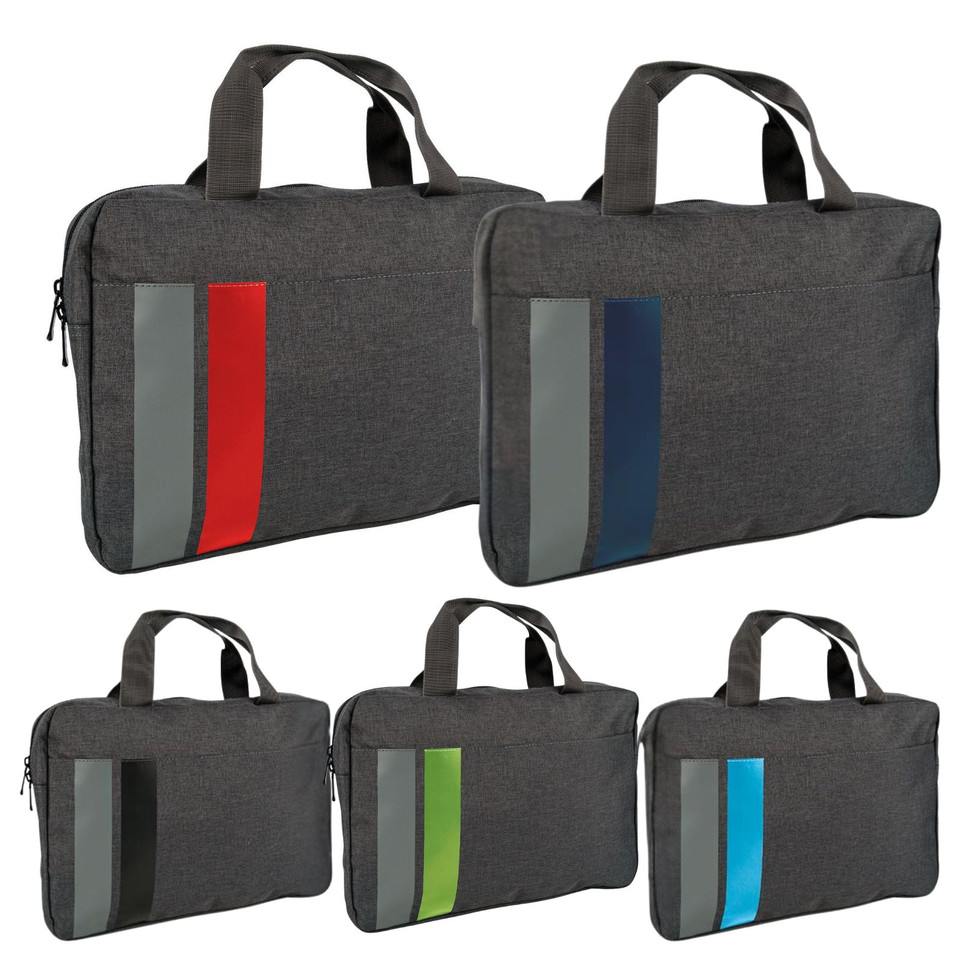 Charcoal document satchel bag shown in five colour variants — red, navy, green, cyan, and grey contrast front panel stripe