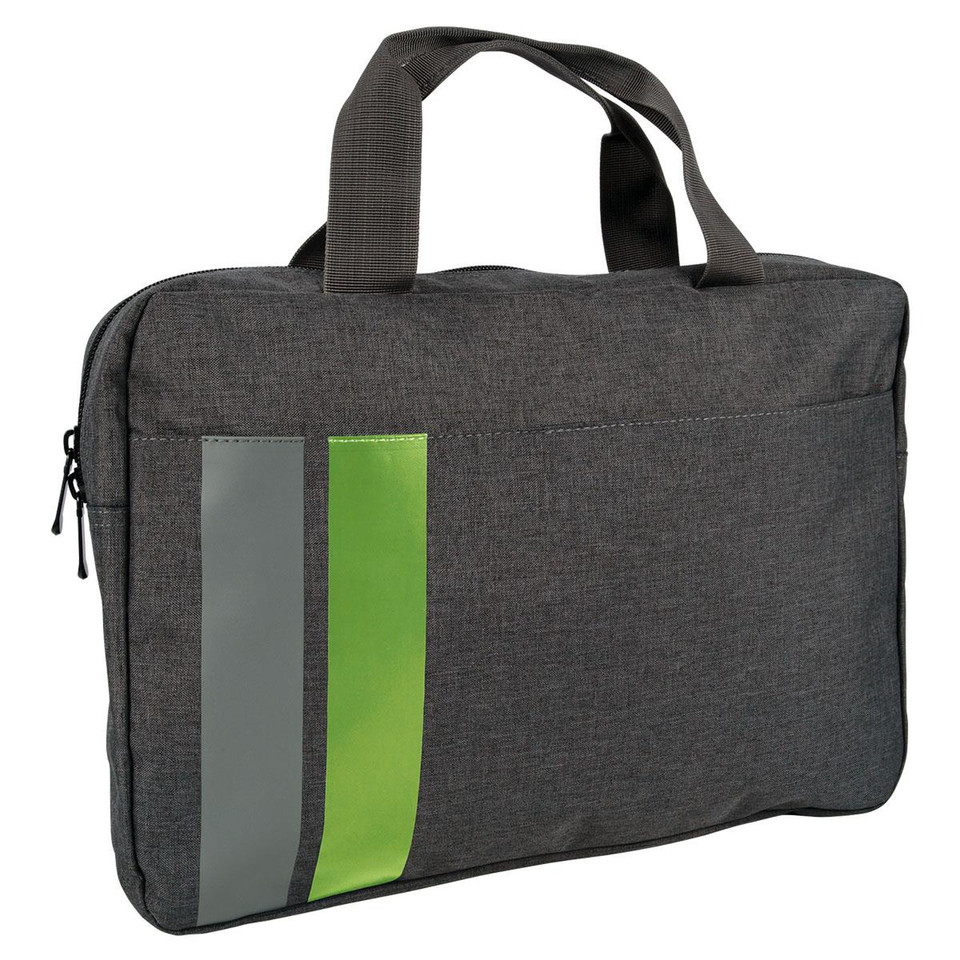 Charcoal grey document satchel with lime green and grey vertical stripe panel on front and carry handles