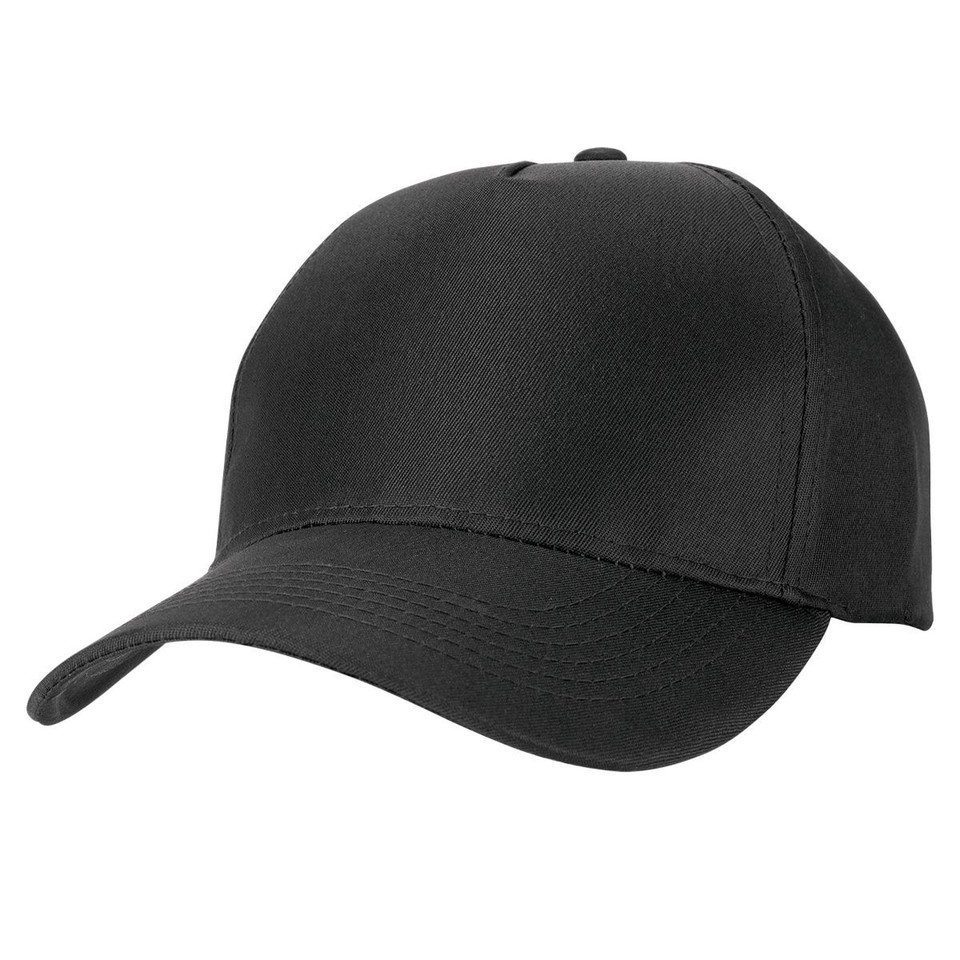 Black polycotton 5-panel cap with structured crown and curved brim, showing smooth front panel decoration area