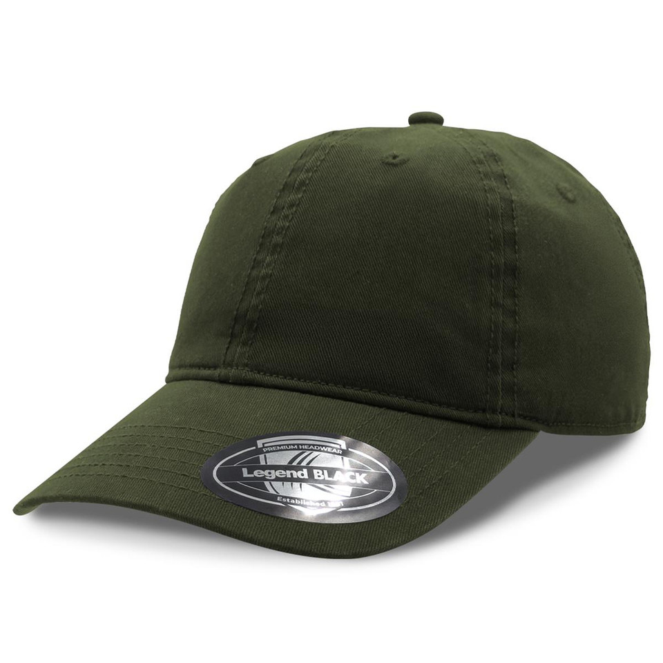 Olive green unstructured cotton twill cap with curved brim and six-panel construction