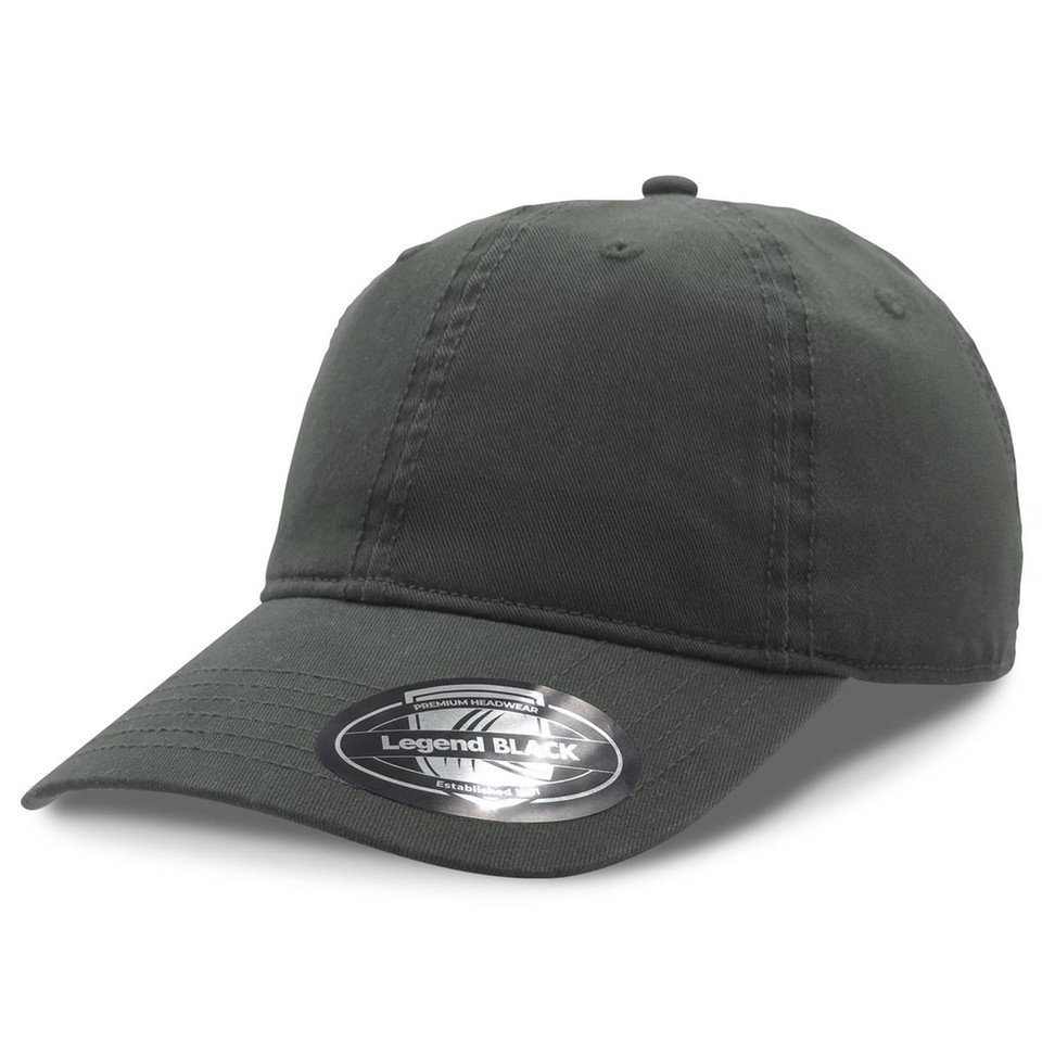 Charcoal grey unstructured cotton twill baseball cap with curved brim and six-panel construction