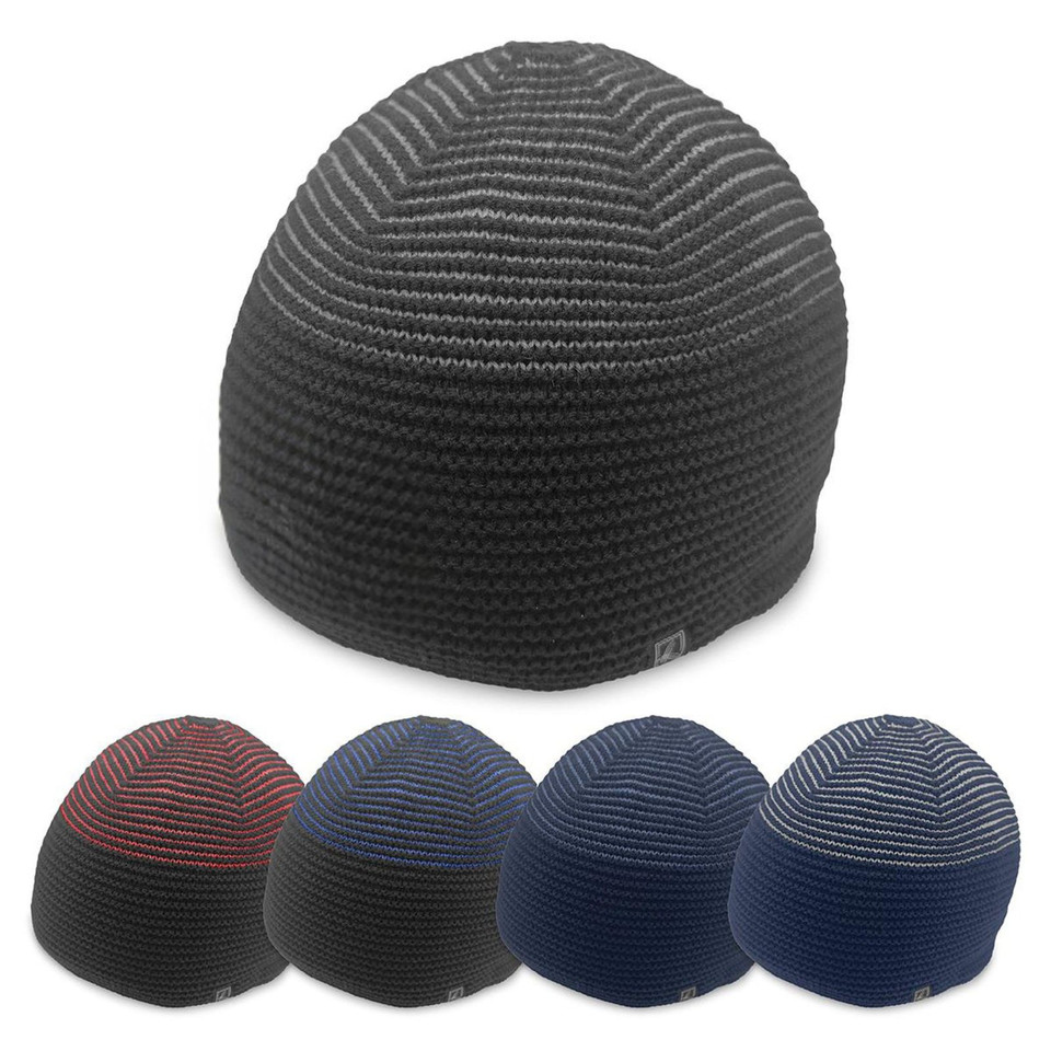 Two-tone ribbed knit beanie in charcoal grey and black with textured horizontal striping pattern
