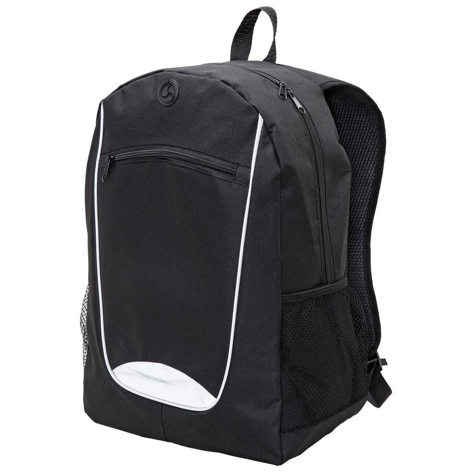 Black backpack with white reflective trim panels and mesh side pockets
