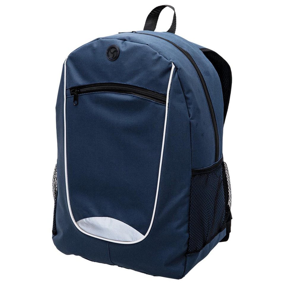 Navy backpack with white reflective piping, front zip pocket, mesh side pocket and black adjustable straps
