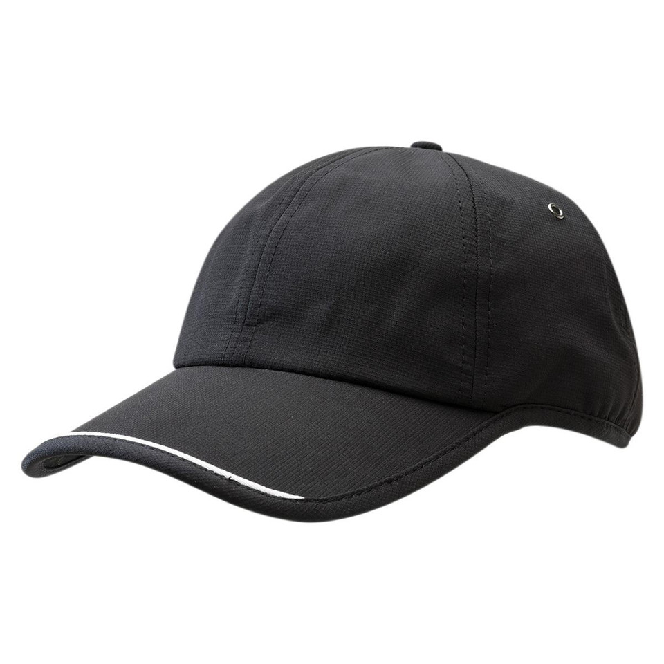 Black sports cap with white piping trim on curved peak and adjustable back strap