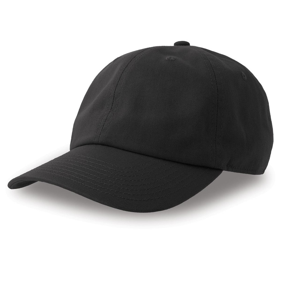 Black unstructured dad hat with curved brim and six-panel construction in organic cotton