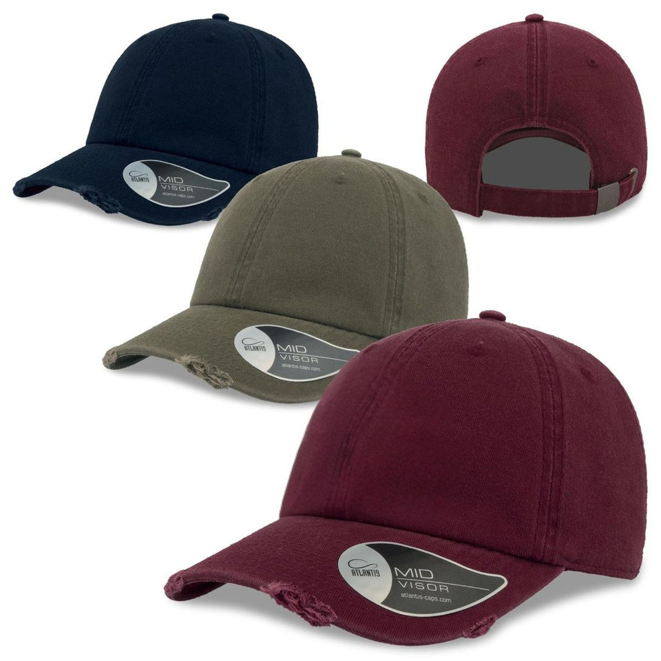 Six-panel dad hats with distressed brims in navy, olive, and burgundy with grey undervisor and adjustable back straps