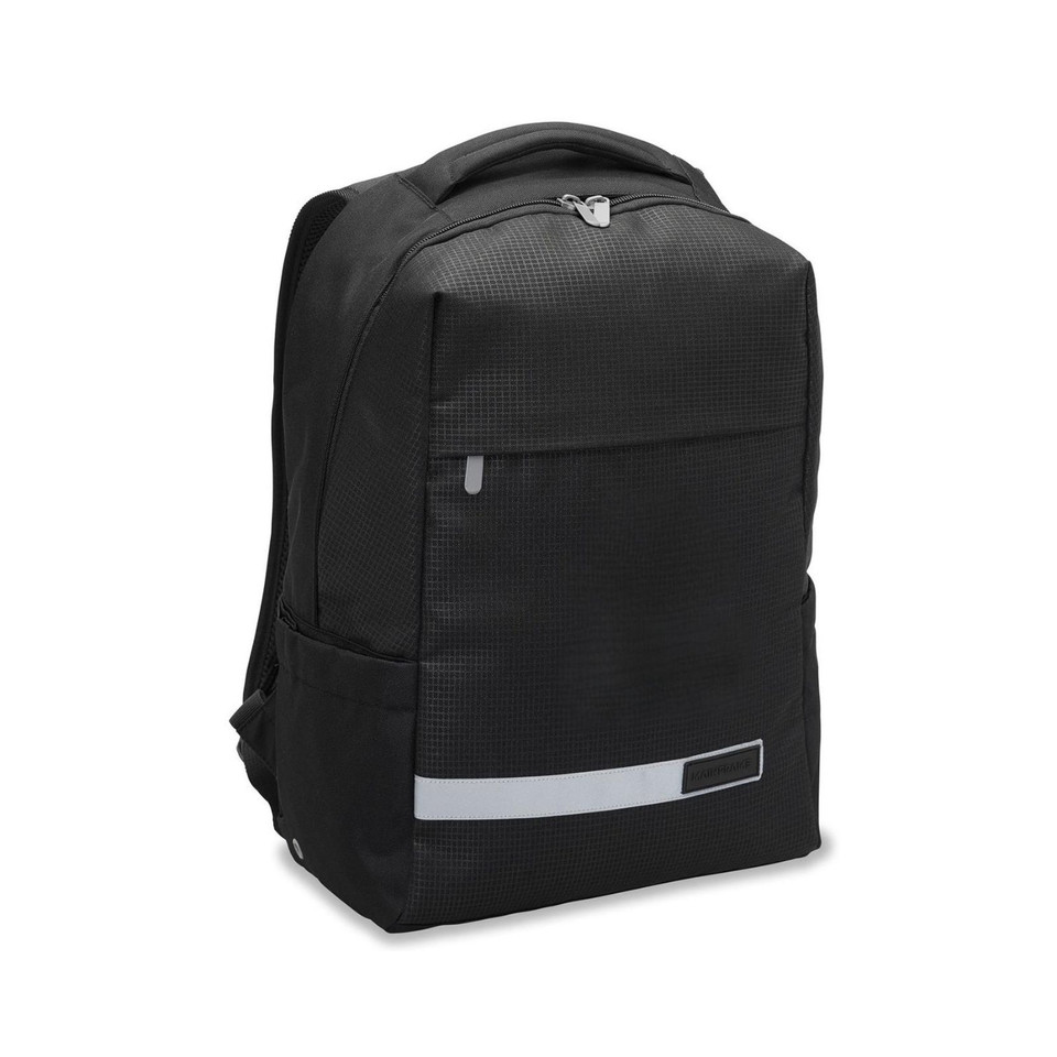 Black laptop backpack with textured front panel, reflective stripe detail and padded shoulder straps