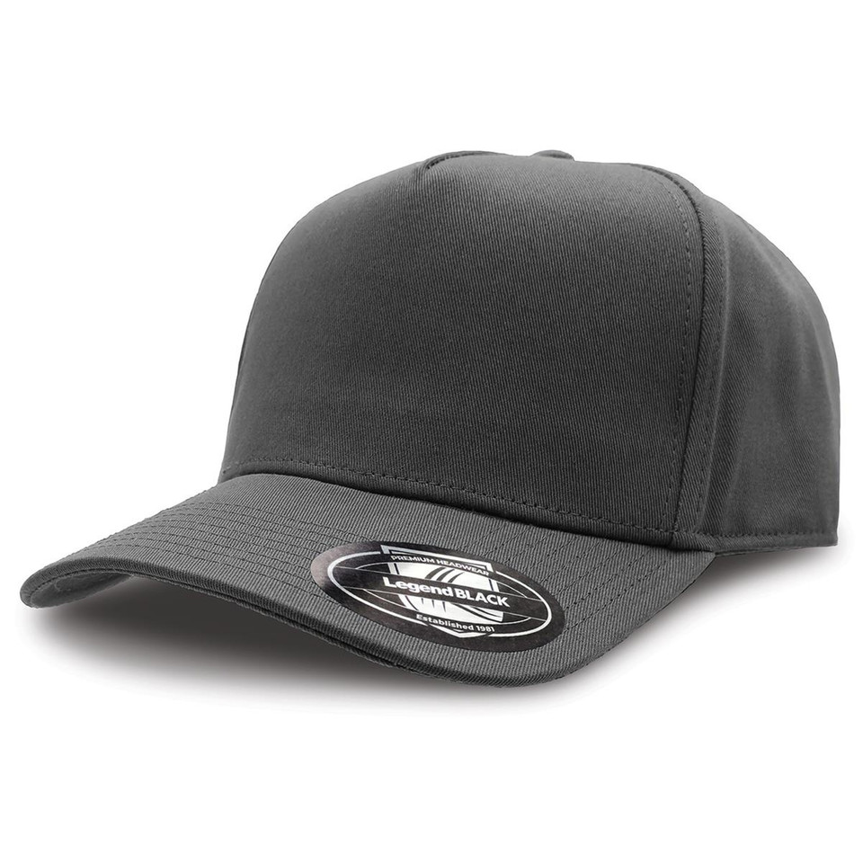 Charcoal high-crown A-frame snapback cap with smooth front panel and curved brim, packshot