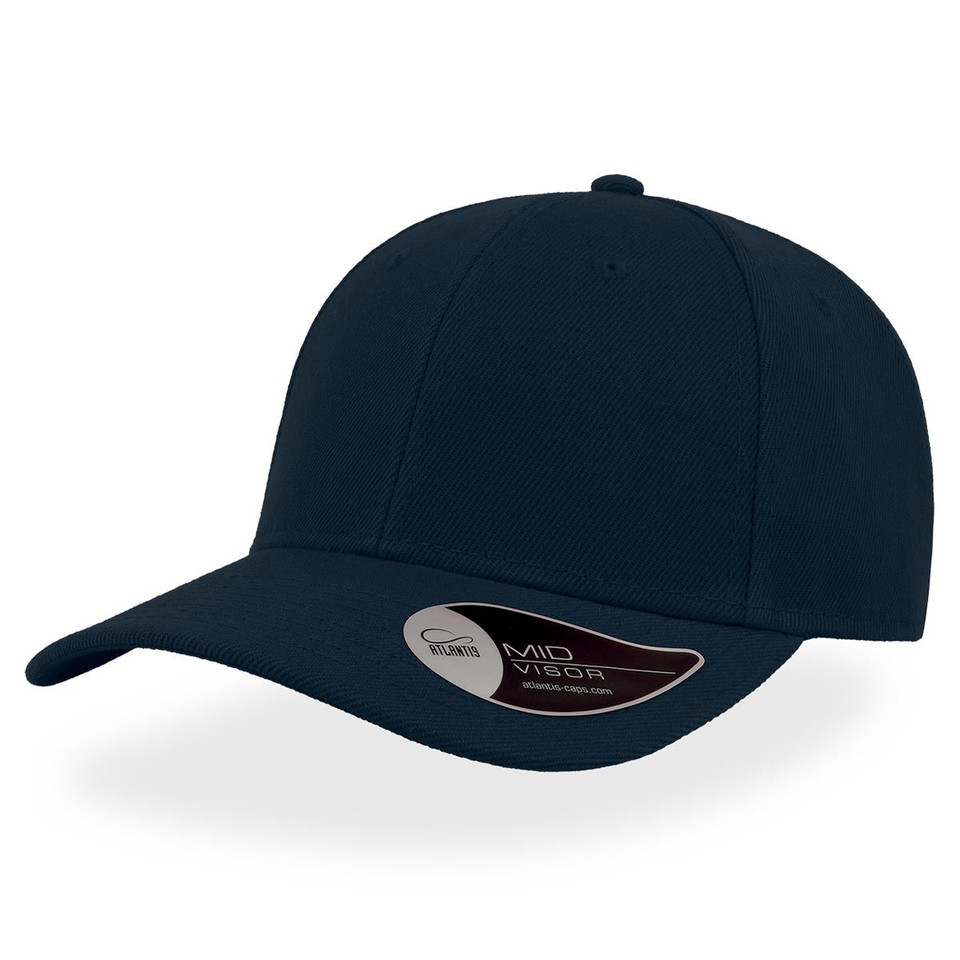 Navy premium polyester twill snapback cap with structured six-panel crown and curved peak