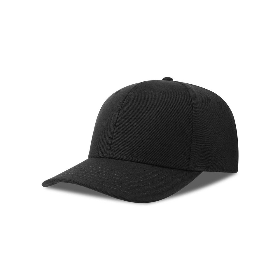 Black six-panel recycled polyester snapback cap with smooth crown and structured curved brim