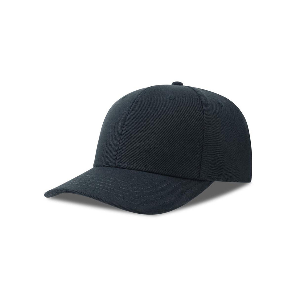 Navy recycled polyester snapback cap with structured crown, curved brim, and smooth flat front panel