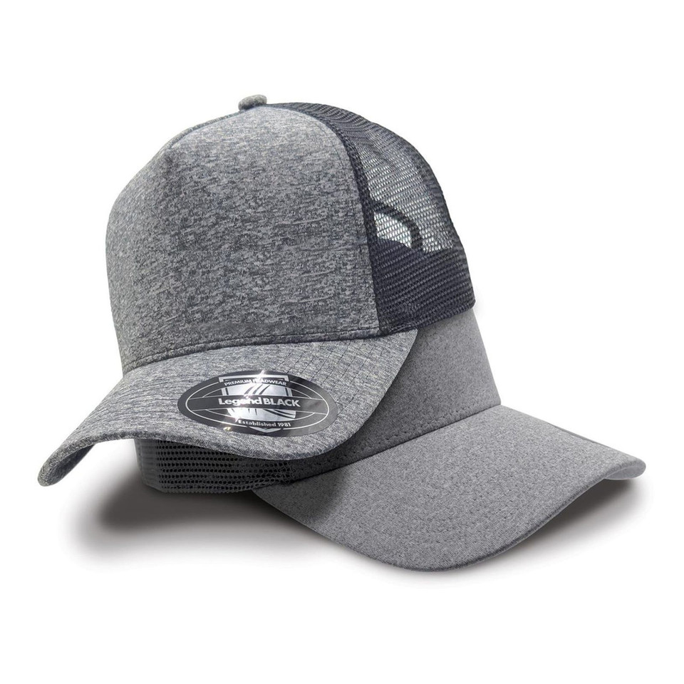 Heather grey jersey front panel trucker cap with charcoal mesh back and curved peak