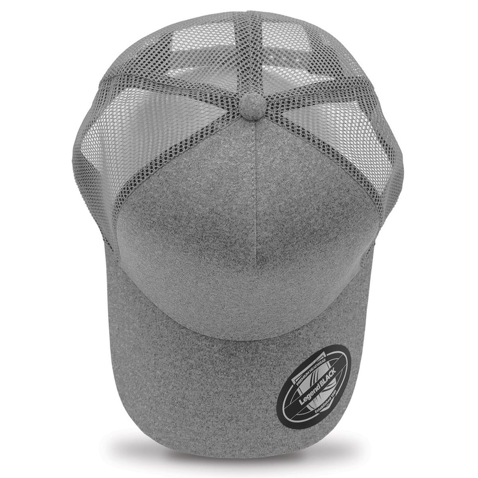Heather grey jersey trucker cap shot from above showing mesh back panels and structured front crown