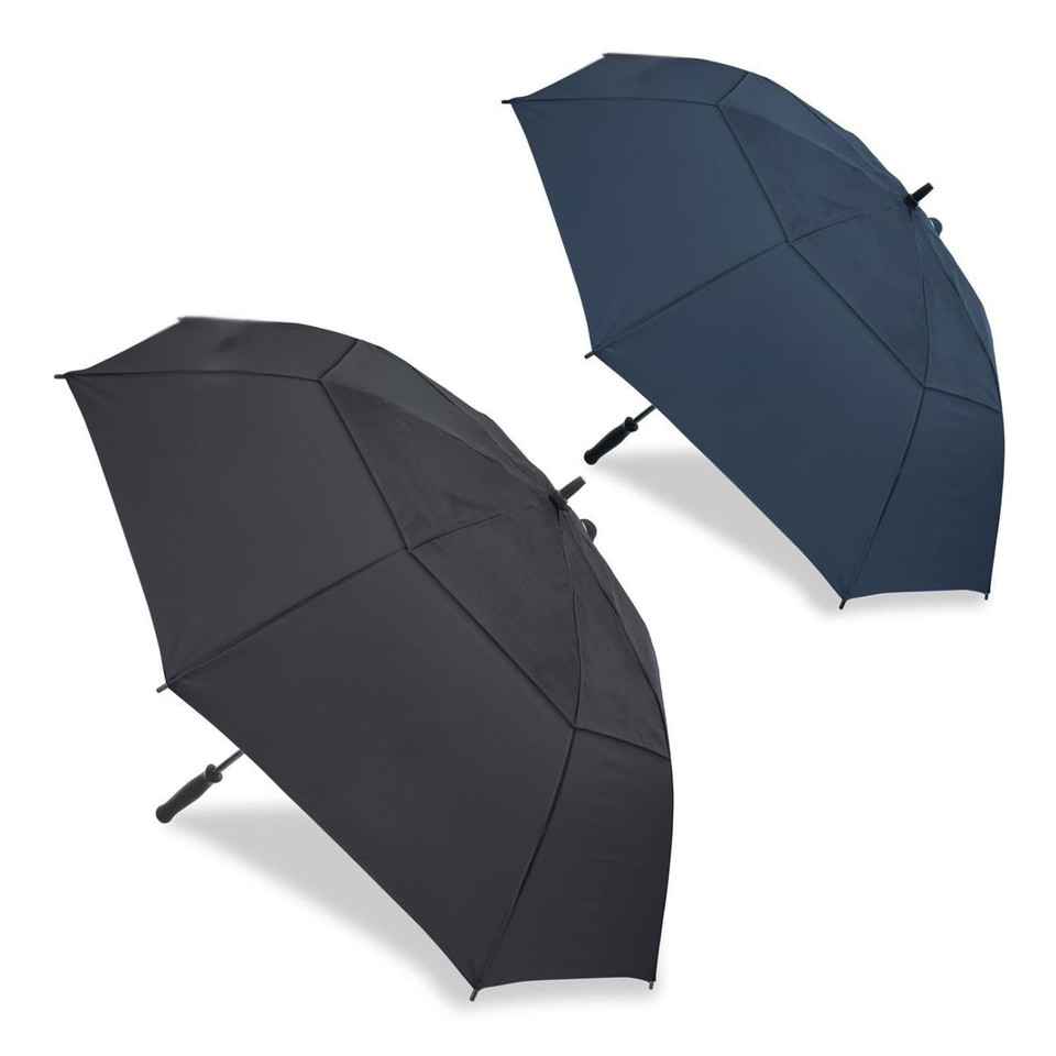 Two open vented golf umbrellas in charcoal and navy with black fiberglass frames and rubber grip handles