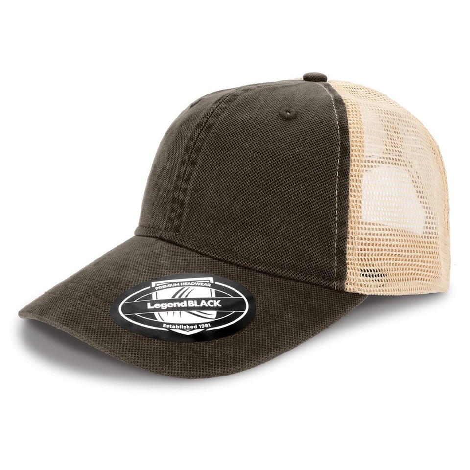 Olive green washed cotton front panel trucker cap with natural beige mesh back and unstructured crown