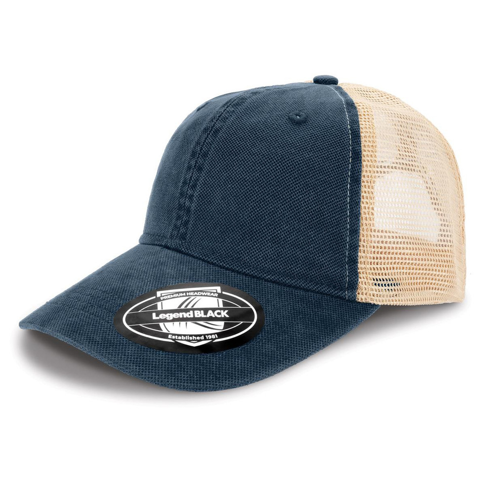 Navy washed cotton front panels with tan mesh back trucker cap featuring unstructured crown