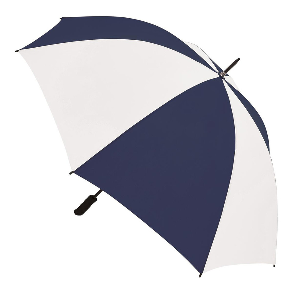 Navy blue and white alternating panel golf umbrella with black handle shown open